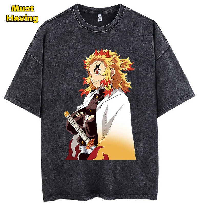 Demon Slayer Pillar Graphic Tees for Men Retro Washed Cotton T shirt
