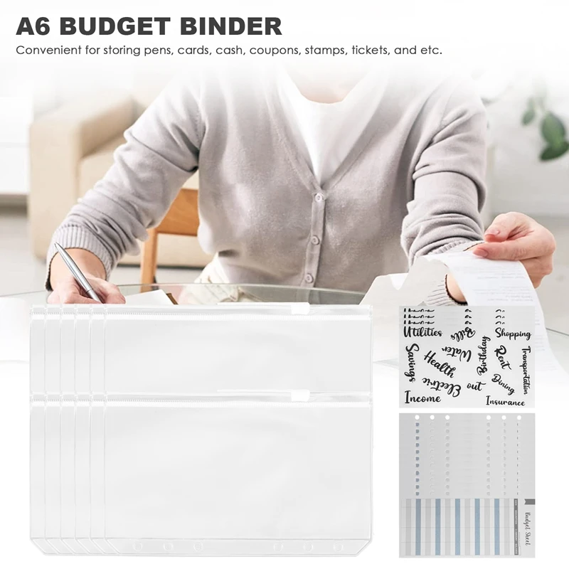 

28 PCS Binder Pockets A6 6 Holes Clear Binder Zipper Envelopes Folders Budget Trackers Paper For Notebooks Bill Planner