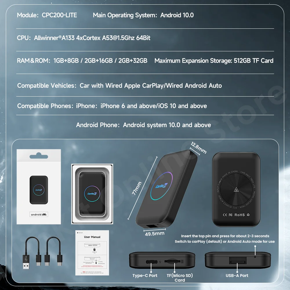 CarlinKit Ʈ TV ڽ, ȵ̵ 10  ,  Ƚ Ʃ IPTV Ƽ  ī÷, ȵ̵ ڵ  BLE
