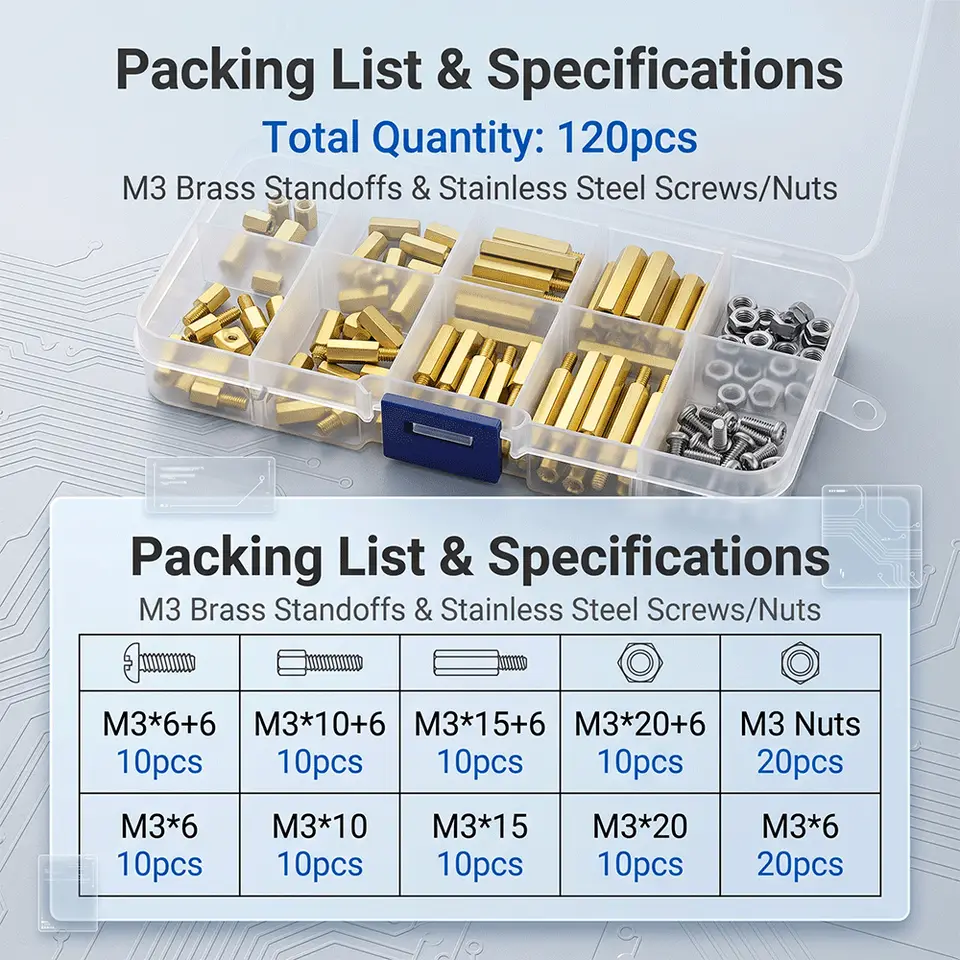 120pcs M3 Male Female Brass Hex Column Standoffs PCB Board Spacer Pillar with M3 Screw Nut for Electronic Components image 1