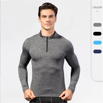 Spring Autumn Long Sleeve Stand-up T Shirt Men PRO sports Polo Shirt tights running fitness training quick drying gym clothing 1