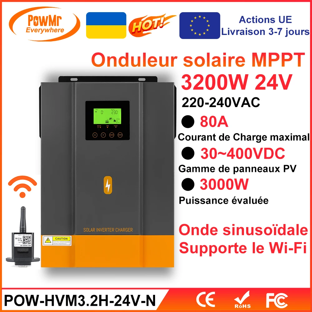 Onduleur Solaire Hybride 3,2kW Pur Sinus, MPPT, WiFi, Chargeur Batterie 80A, Neuf