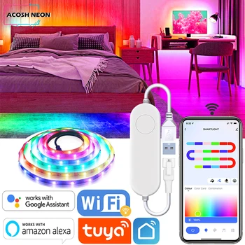 USB 투야 LED 스트립 조명, 스마트 와이파이, RGB 드림컬러 LED 스트립, 주소 지정 가능 조명 램프, 가정용 알렉사 구글 지원, 5V, WS2812B