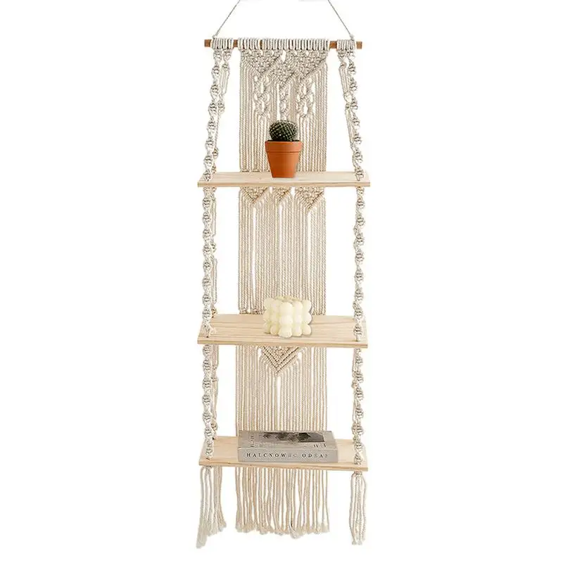 

3 Tier Macrame Wall Hanging Shelf Handmade Woven Tassel Wood Organizer Shelves Wall Floating Hanger Home Bedroom Decoration