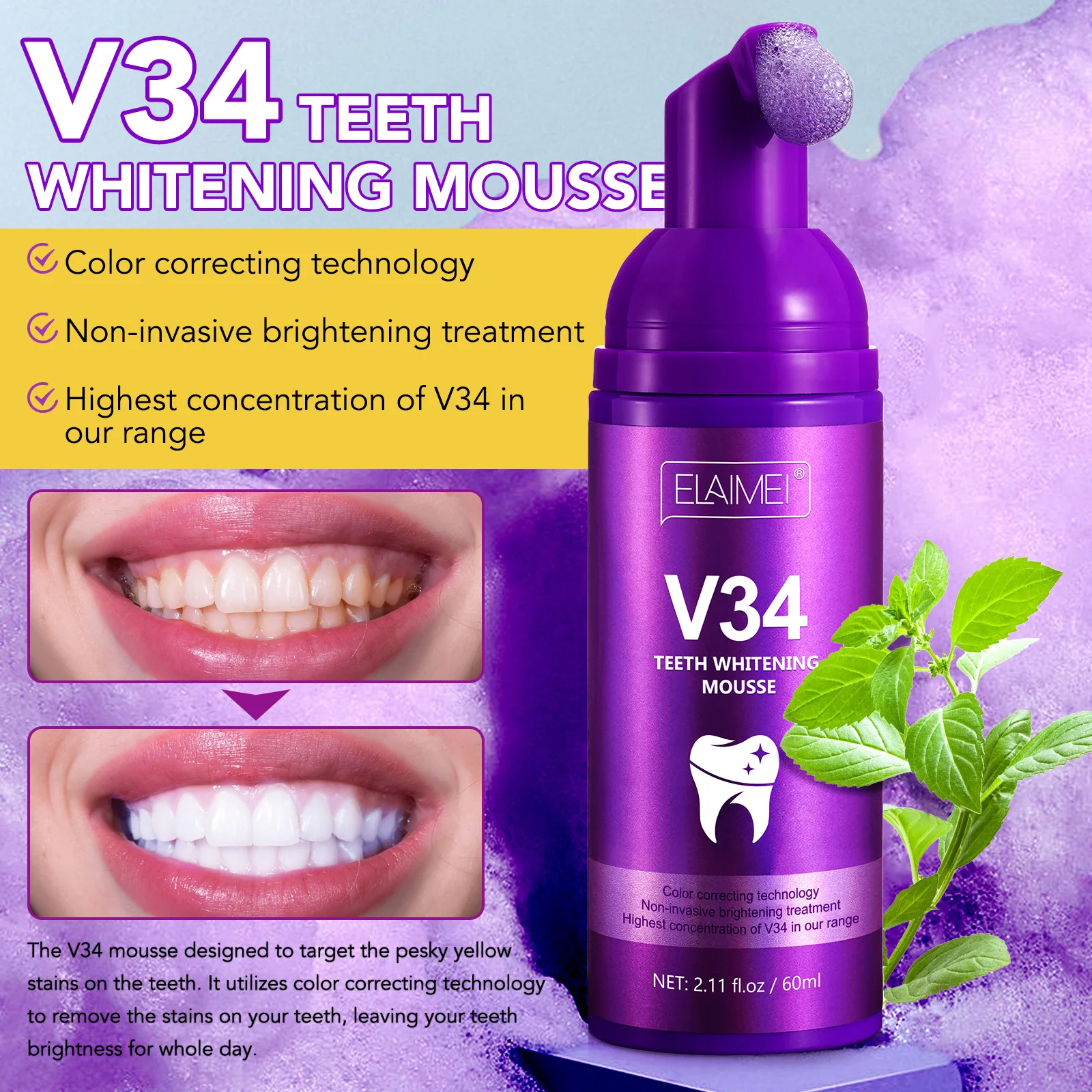 

V34 Tooth Whitening Essence Purple Cleaning Mousse Toothpaste Remove Yellow Teeth Tartar Plaque Stains Repair Cavities Caries