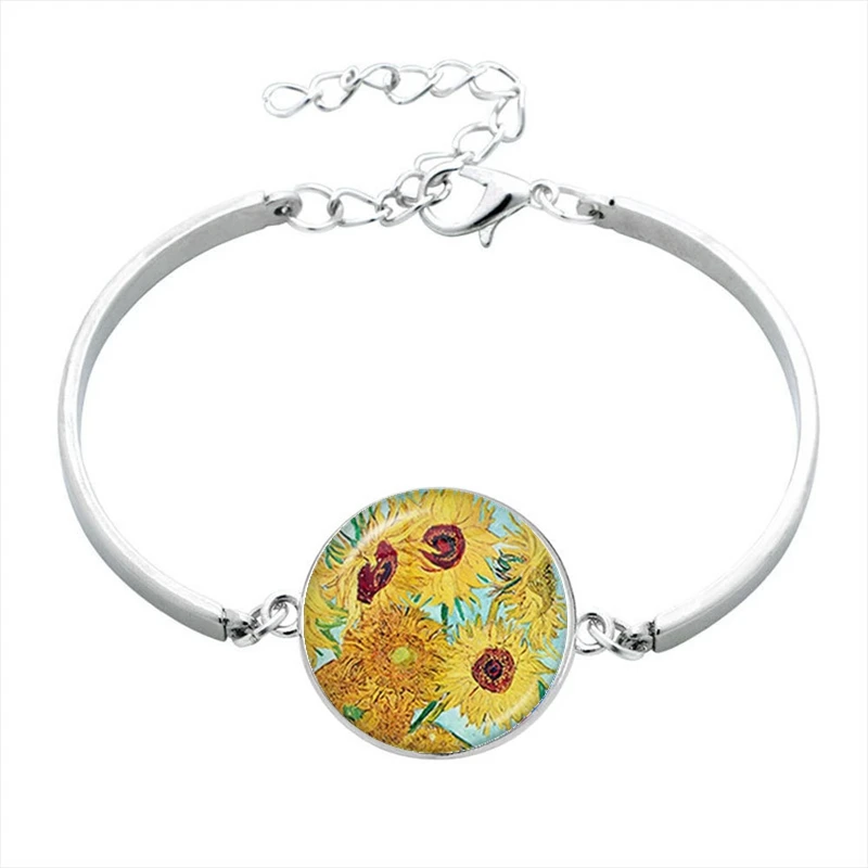 New Retro Van Gogh Starry Sky Sunflower Works Glass Cabochon Metal Bracelet Women Gift Jewelry