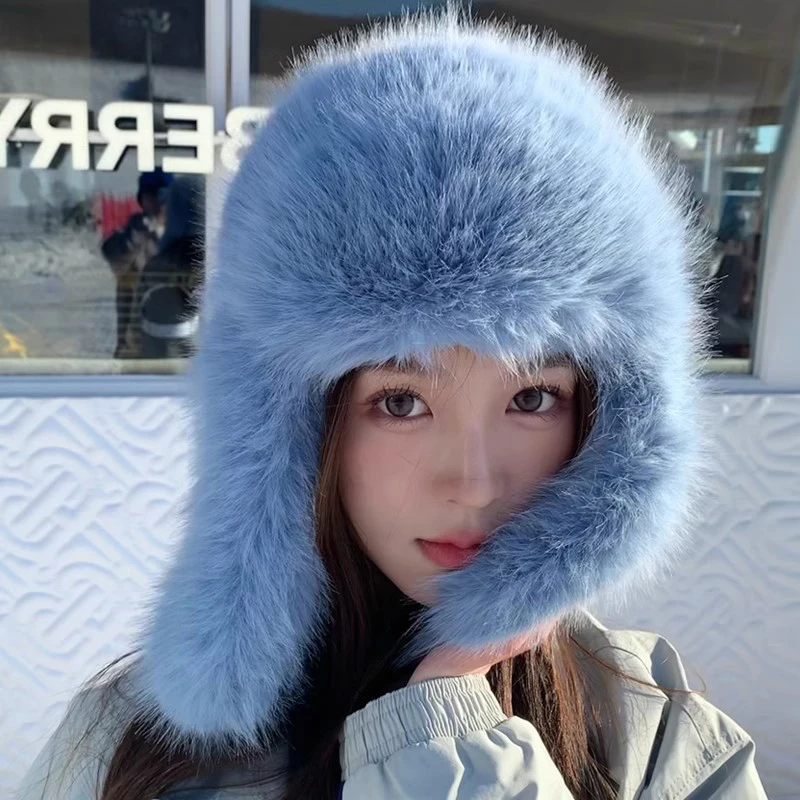 

Fashion Imitation Mink Velvet Lei Feng Hat Female Autumn and Winter Thick Warm Furry Ear Protection Hat Cycling Windproof Cap