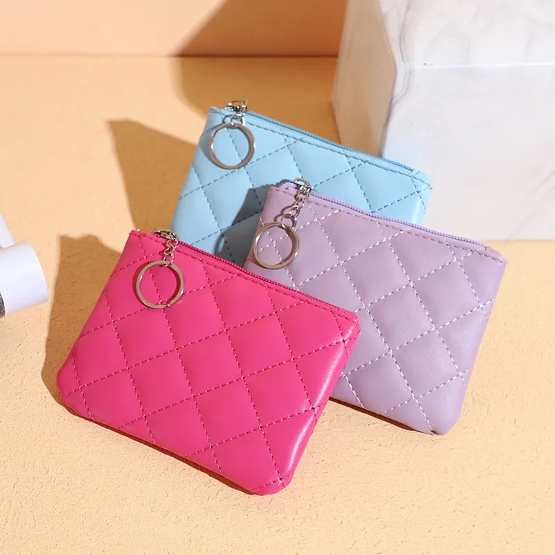 Women Key Chain Coin Purse Leather Zipper Wallet Fashion Small Purse Money  Bag Lady Solid Color Clutch Change Pouch Coin Purse