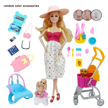 1 Sets Puzzle Toy 30cm Pregnant Big Belly Doll Toy Set Dog Cart Doll Accessories Childbirth Function Set