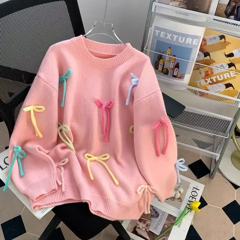 Casual Bow Weave Contrast O Neck Sweaters