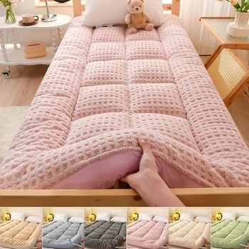 Modern Plush Milk Fleece Mattress Topper-Soft Gray Textured Design,Cozy Polyester Fabric for Home&Dorm Use Tufted Topper Design