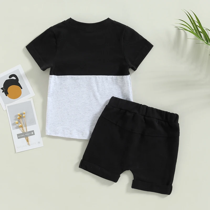 2Pcs 0-3Years Toddler Boys Summer Outfit Sets Short Sleeve Contrast Color Tops Solid Drawstring Shorts