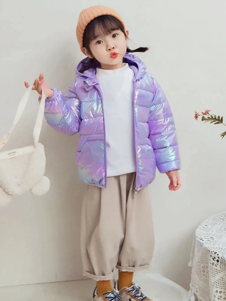 Kids Shiny Bear Ear Hooded Puffer Jacket Girls Boys Colorful Metallic Coat Winter Warm Outwear