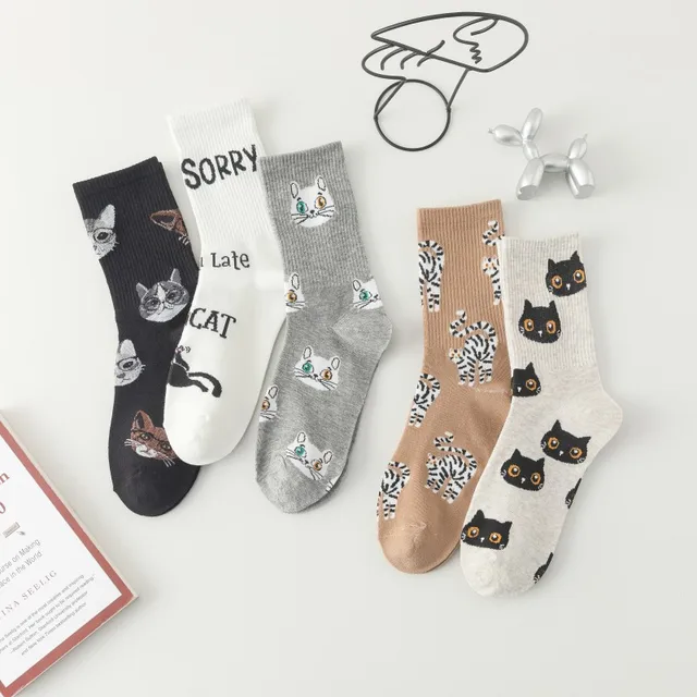 5 Pairs Women's Cotton Socks with Cute Cat Design Mid Tube Fashionable for Spring 1