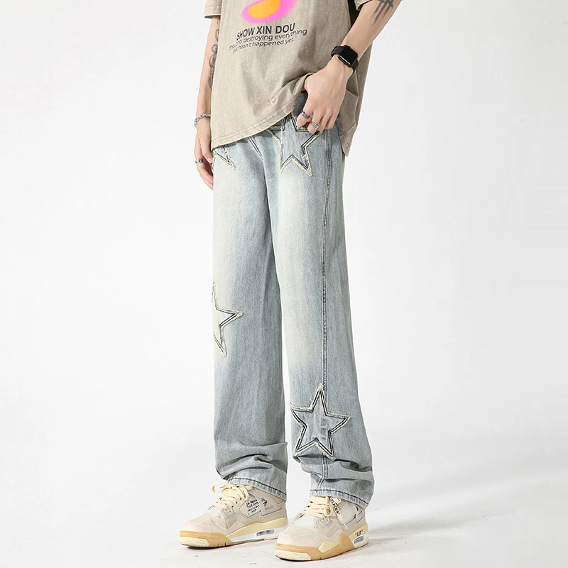 

Ins Fashion Retro Blue Man Baggy Jeans Wide Leg Star Embroidery Long Pants
