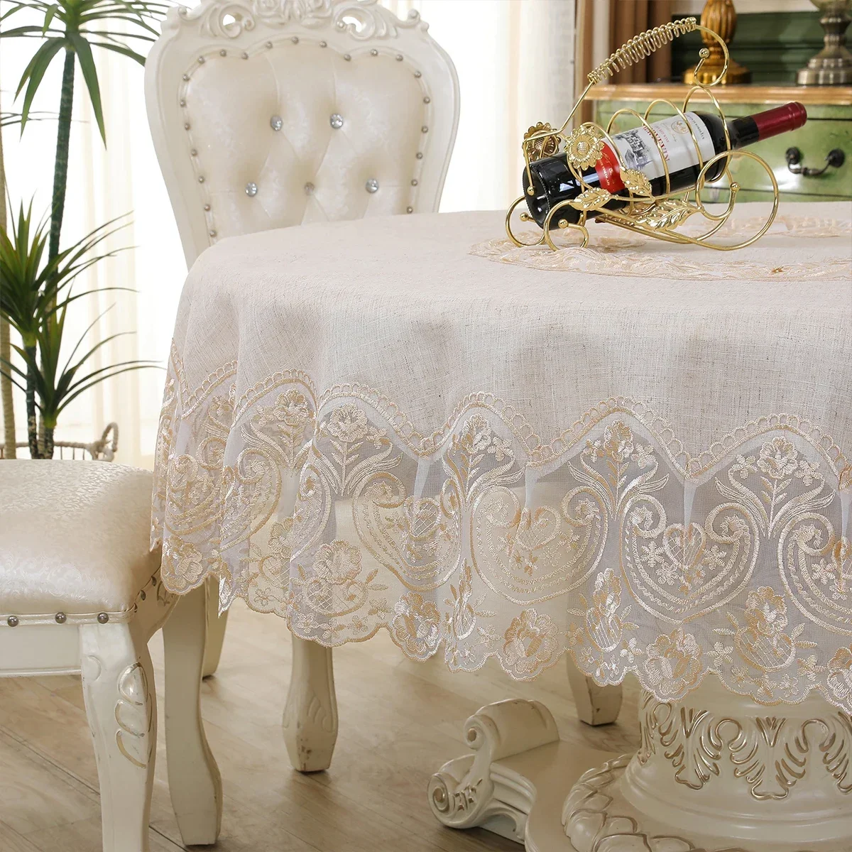 

Round Luxury Table Cloth with Embroidered Lace Classic Linen Blended Fabric Tablecloth for Dining Room Elegant Home Decor Beige