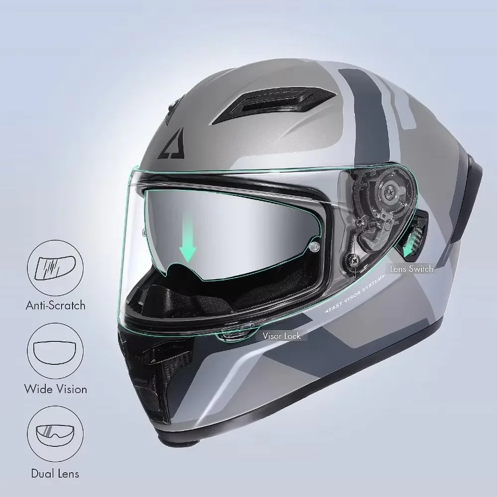 Full Face Motorcycle Helmet with Double Lens Quick Buckle Motorcross Helmets for Unisex DOT Approved ABS Shell FF351 TRIANGLE