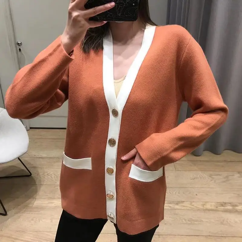 

Clearance Price Women Knit Cardigan Coat Contrast Color V-Neck Single-Breasted Ladies Long Sleeve Sweater Knitwear Top