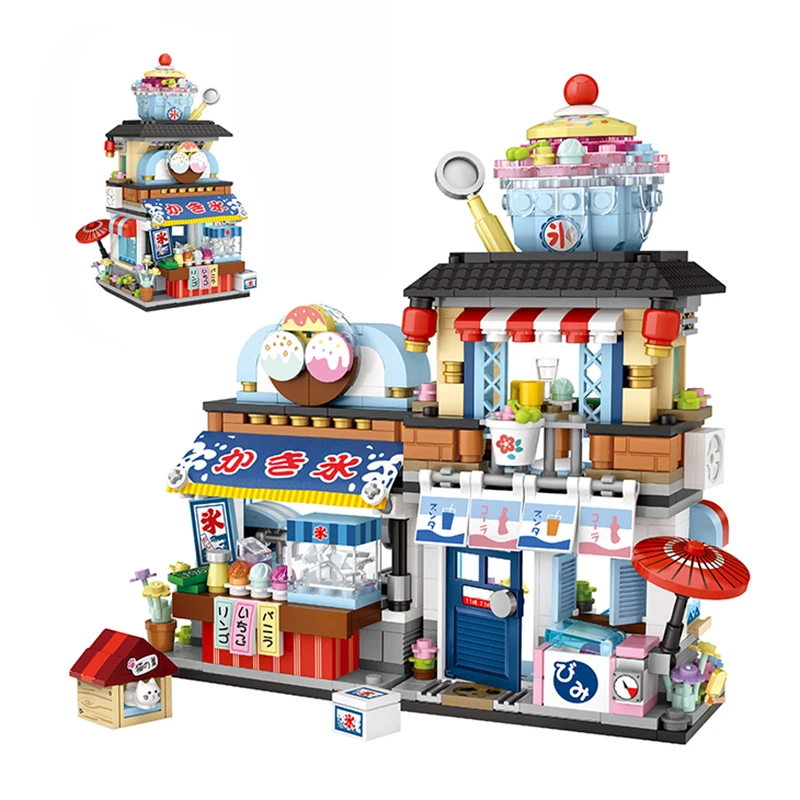 

City Street View Ice Cream Shop Restaurant Model Building Blocks DIY Small Particle Assembly Ornaments Children's Toys Gifts