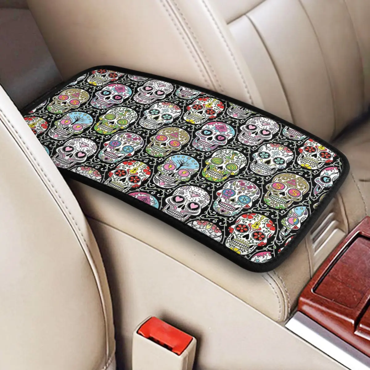 Leather Center Console Cover Pad Universal Auto Accessories Mexican Skull Car Armrest Cover Mat Bright Colorful Mandala