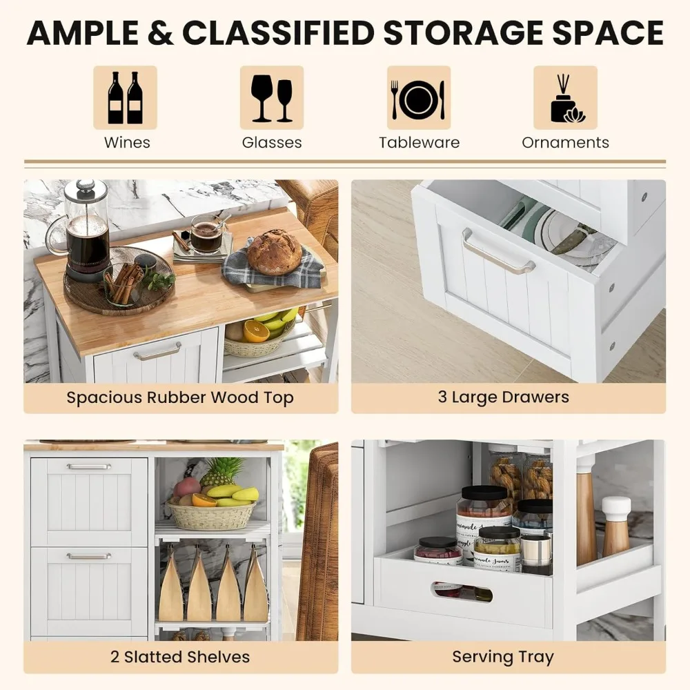 Kitchen Storage Island Cart on Wheels, Kitchen Rolling Trolley Cart with 3 Drawers and Shelves, 360&deg; Wheels & Detachable