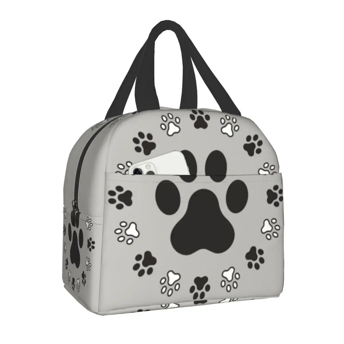 

Animal Pug Footprints Portable Lunch Box Women Leakproof Cat Pug And Dog Pug Footprints In Black Food Insulated Lunch Bag
