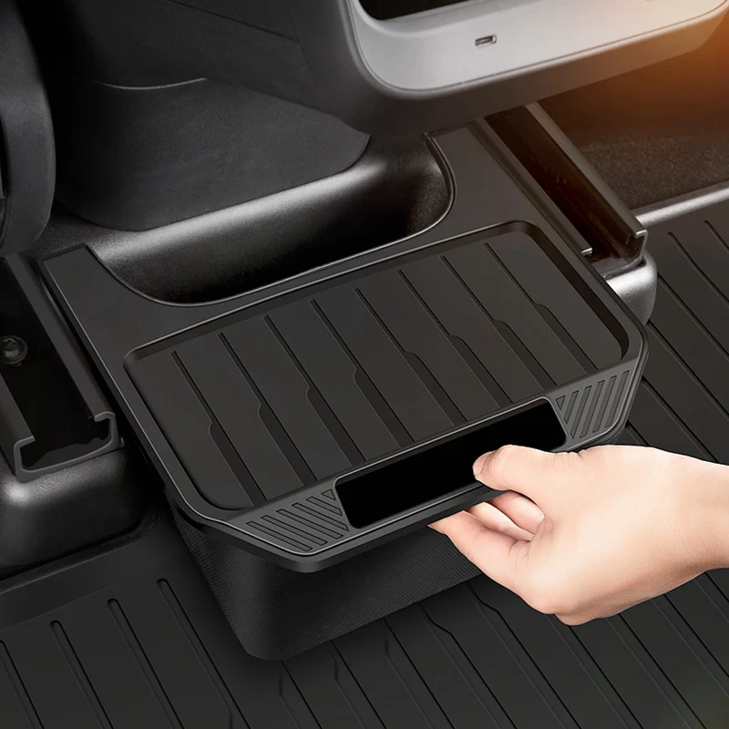 For Tesla Model Y Rear Center Console Storage Box TPE Organizer Box with Cover Trash Can Under Seat Car Accessories