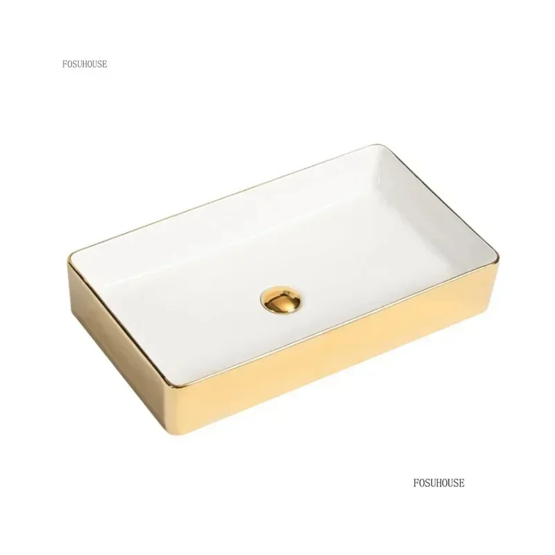 Luxury Gold Ceramic Tabletop Bathroom Sinks Home Hotel European Minimalist Household Washbasin Square Bathroom Wash Basins d 2