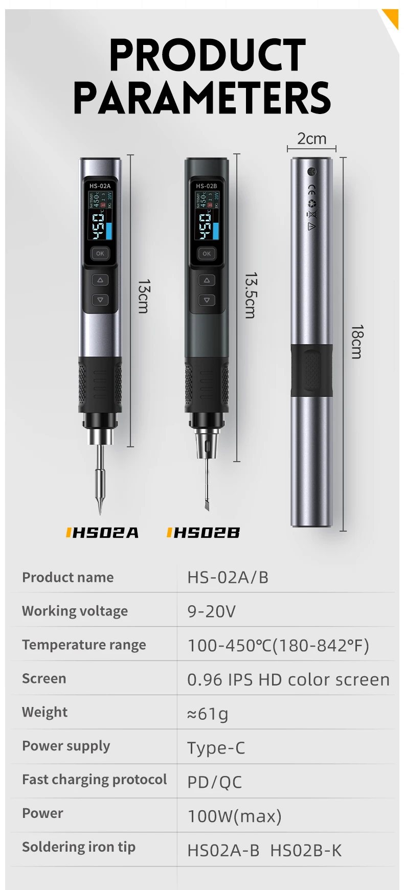 HS-02A HS-02B Intelligent Electric Soldering Iron 24V 100-450 ℃ Welding Material