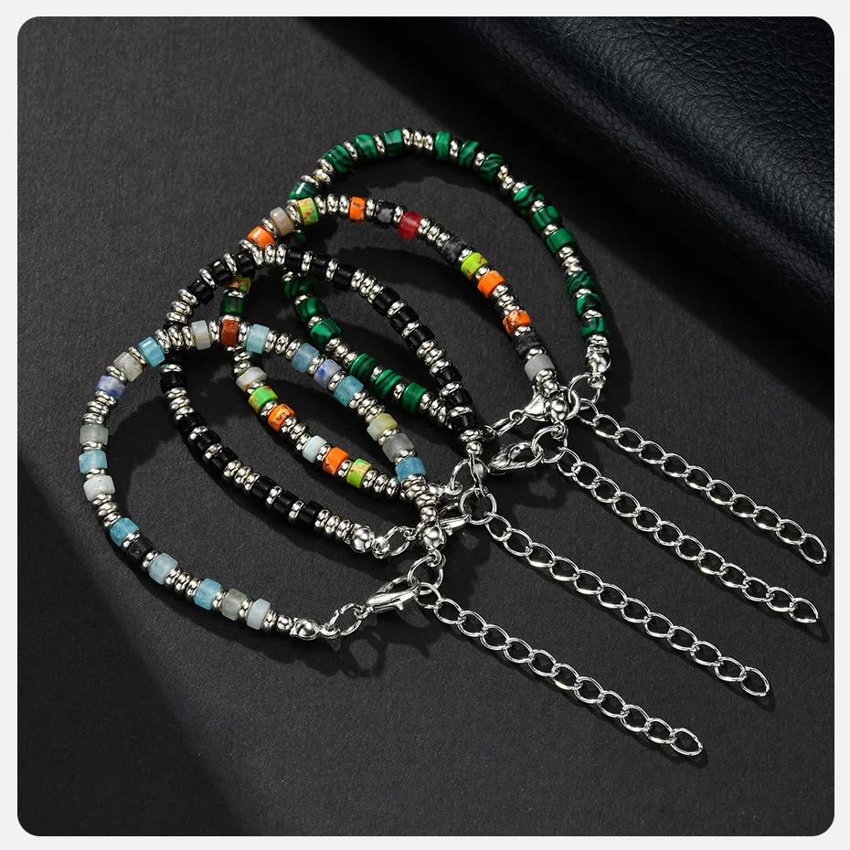 Vnox Herren-Armband aus silberfarbenen Metallperlen und Naturstein, verstellbares 15–20 cm großes Kristallrad-Perlenarmband, Schmuck, Geschenk, neu – Detail 9