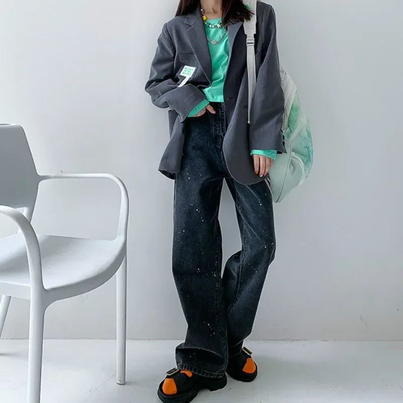 Full Length Streetwear Polyester Wide Leg Trousers Women Spring Autumn Pants Pocket High Waist Paint-splashing Style Denim Jeans