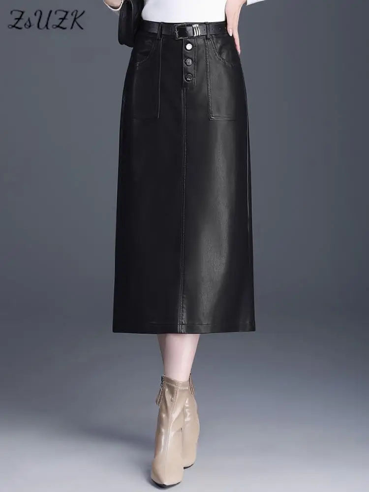 

ZUZK Y2K Women Fashion PU Leather Bodycon Skirts With Belt Autumn Winter Back Slit Elastic Waist Straight PU Skirt Pocket