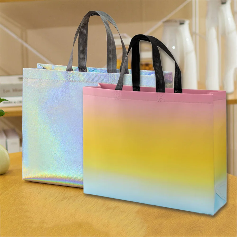 

Eco Shopping Pouch Grocery Bag Reusable Takeaway Bag Laser Non-woven Fabric Waterproof Film Coated Women Travel Shopping Bag