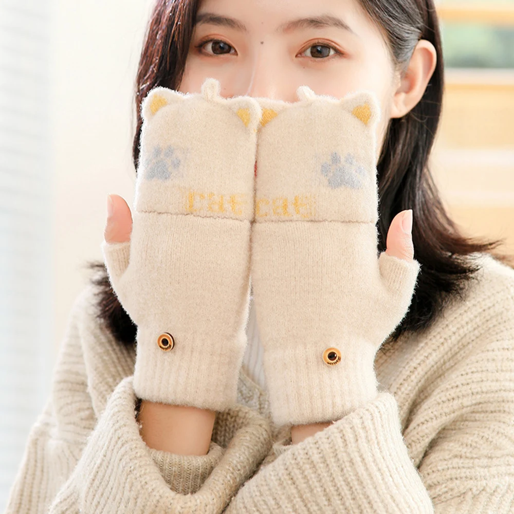 

Новые зимние перчатки в виде кошачьих лап, теплые женские флип-обложки, Мультяшные милые безпальцевые трикотажные перчатки, защита рук