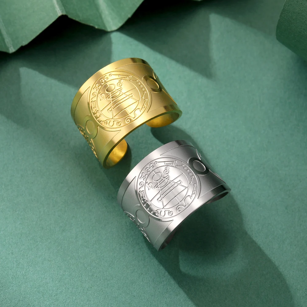 Reichtum Glück Amulett Kabbala verstellbarer Ring Männer Solomon geheime Dichtung Finger Ring Edelstahl Schmuck Wasserdicht Sonne Mond Okkultes Symbol Schutzamulet Edelstahl Ring für Männer Frauen – Detail 9