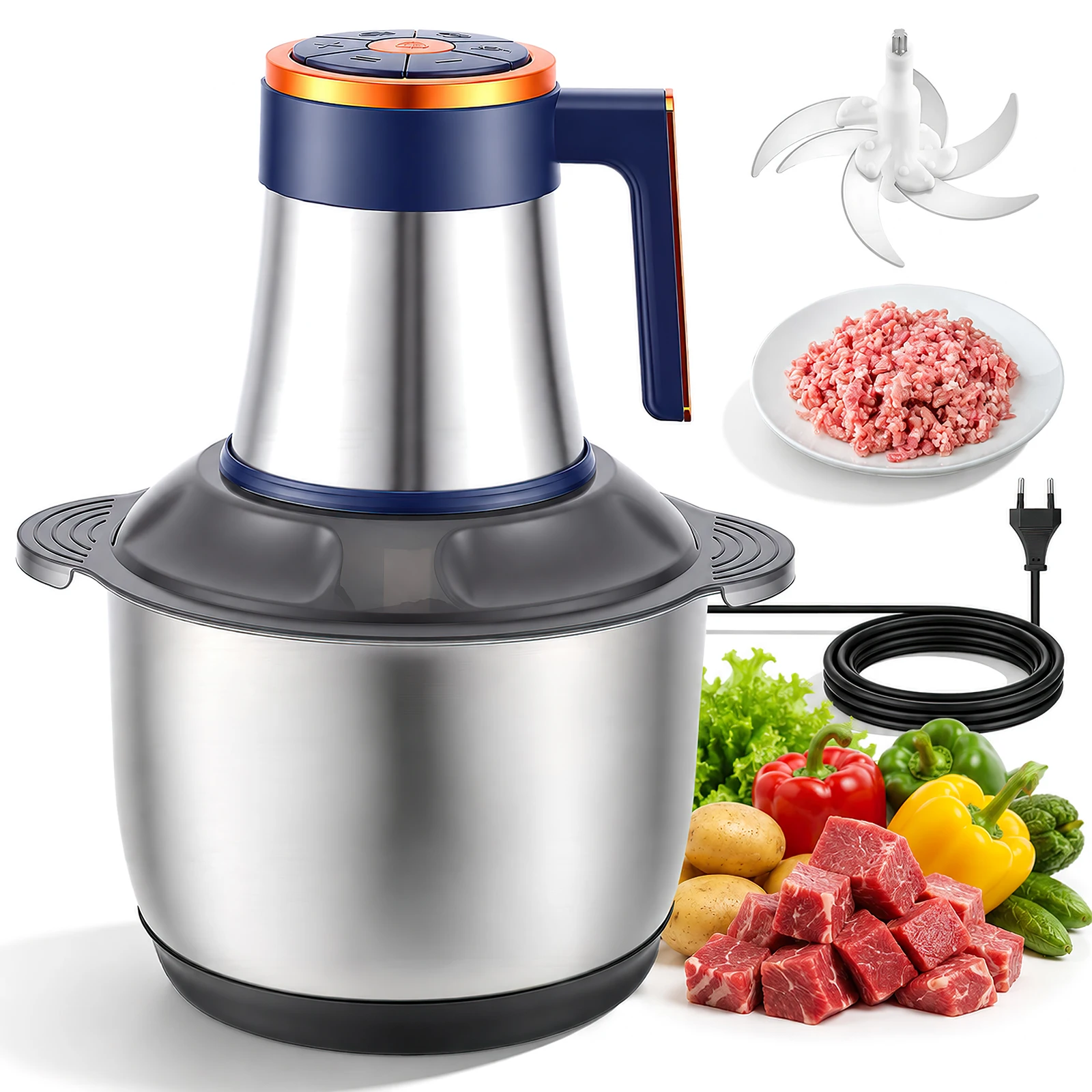 Hachoir Électrique Multi-Vitesses Grande Capacité avec Bol en Acier Inoxydable, Hachoir Alimentaire 5 Lames, Processeur pour Viande, Légumes, Ail, Oignon, Cuisine Domestique 1