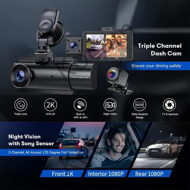 XIAOMI MIJIA 3 kanal Dash kamera ön iç arka 3 yönlü araç Dash kamera çift  kanal GPS WiFi IR gece görüş kamera ile - AliExpress