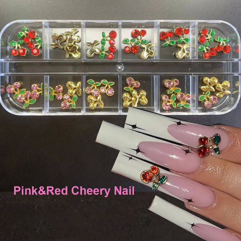 

3D Cherry Nail Rhinestones Red/Pink Glitter Sweet Cherry Luxury Crystal Gems Studs 36pcs with Box Fruit Manicure Ornament