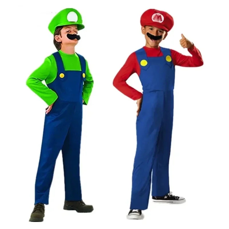 Anime Luigi Brothers Cosplay Costume Marios boy Jumpsuit Beard Hat Set Halloween Costume