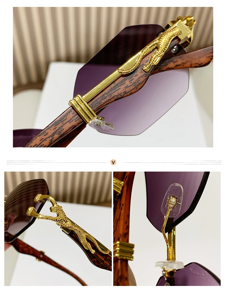 Schutzbrille 2 stücke Randlose Polygon Weibliche Holz Bein Sonnenbrille Frauen Gradienten Objektiv Sonnenbrille Leopard Dekoration Brillen – Detail 4