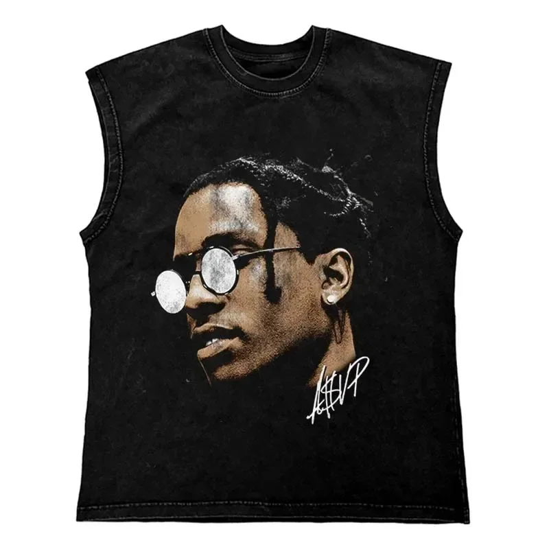 Lip Print Pattern Washed T Shirt Vintage Loose Tank Top Casual Sleeveless Cotton Tshirt Hip Hop Streetwear Oversize Tops Vest