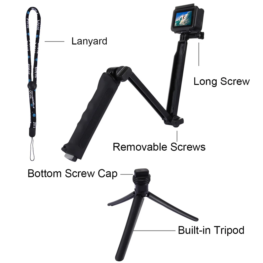 PULUZ 3-Way Grip Selfie Stick Foldable Tripod Handheld Selfie Extension Bracket for GoPro/Insta360 ONE R/DJI Action Cameras 4