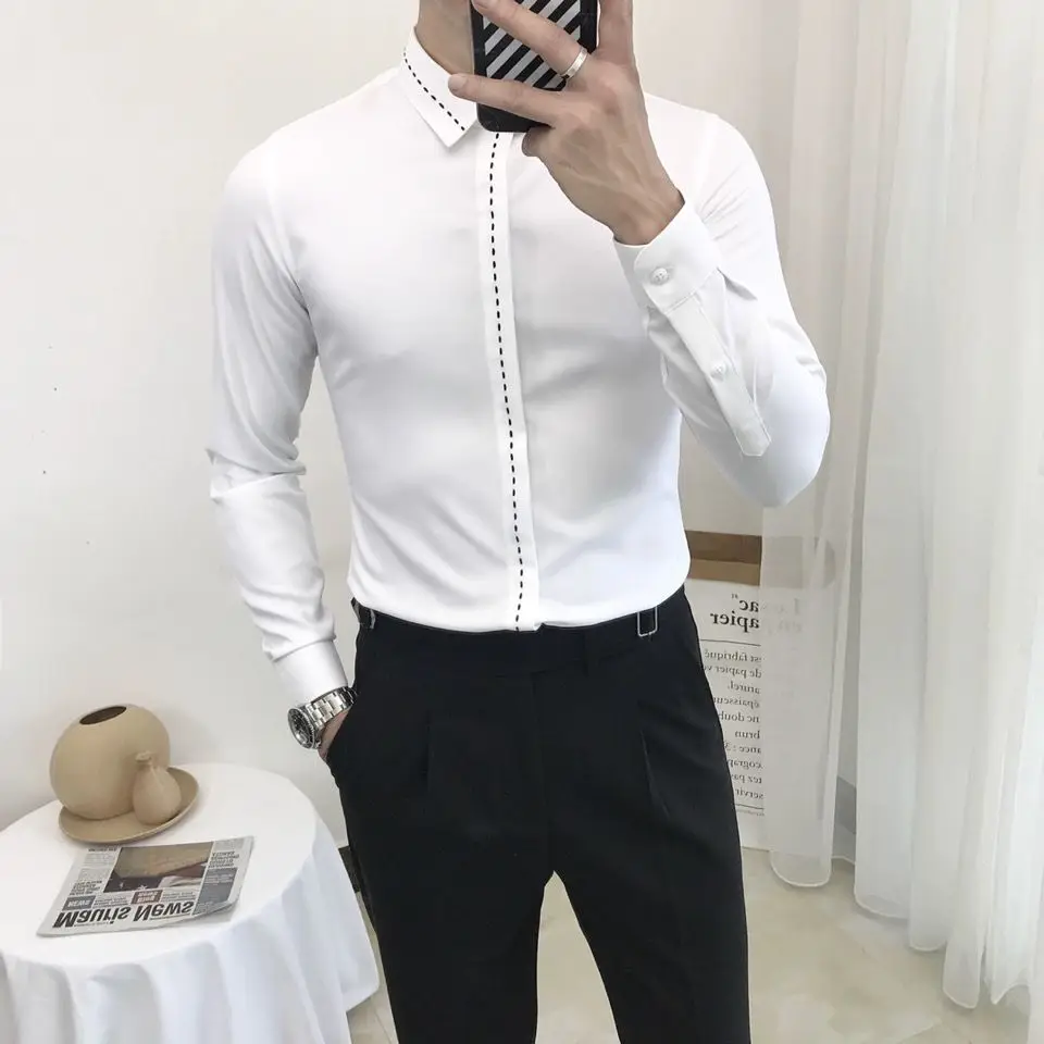 

Men's shirt spring and autumn long sleeve Korean fashion handsome personality line white shirt men's casual slim jacket