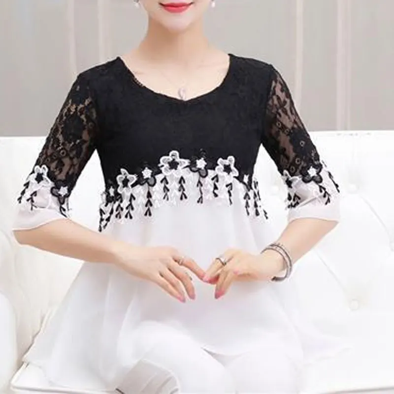 2023 New Summer Stylish Patchwork T-shirt Elegant Lace Hollow Out Sexy Female Clothing Applique Round Neck Half Sleeve Pullovers