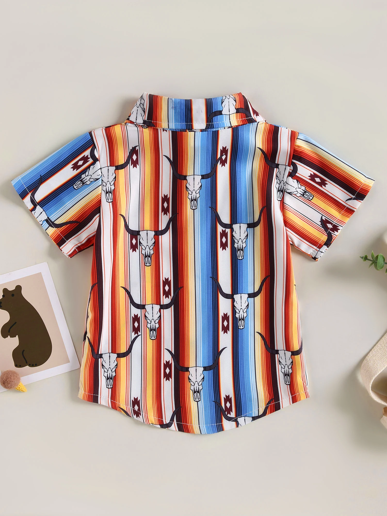 Boys Casual Loose Short Sleeve Shirt Lapel Bull Print Street Party Tops for Spring and Summer