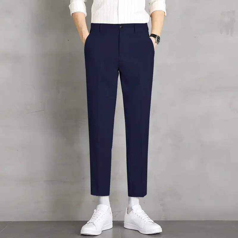 thumbnail image 1 of Pantalones de oficina rectos y elásticos de 9 pulgadas recortados para hombre, pantalones de trabajo para hombre, pantalones de traje elásticos con trenzas, ajustados, baratos, para vestir, informales, 1 of 5