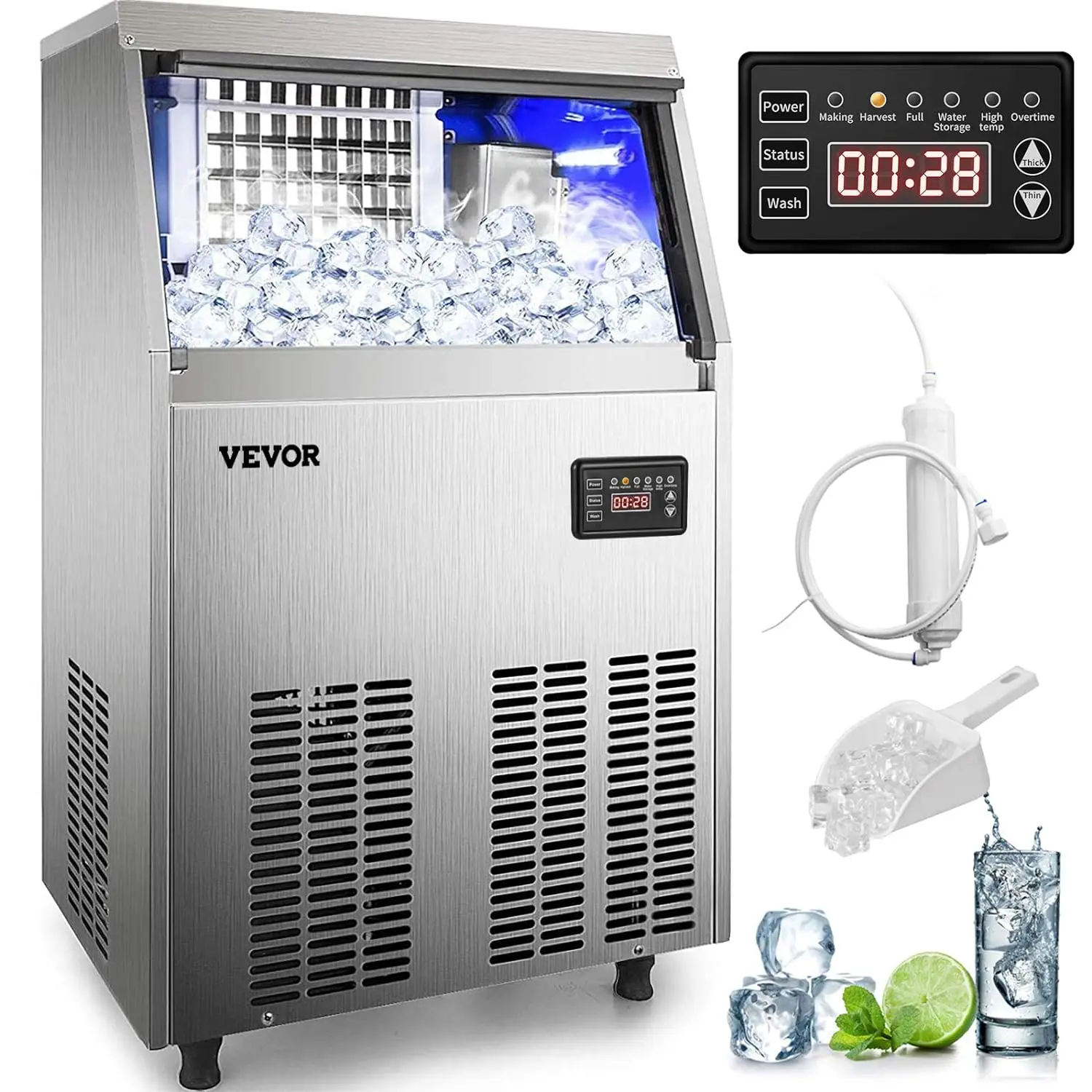 

New 110V Commercial Ice Maker 90-100LBS/24H with 33LBS Bin Full Heavy Duty Stainless Steel Construction, Automatic Operation,USA