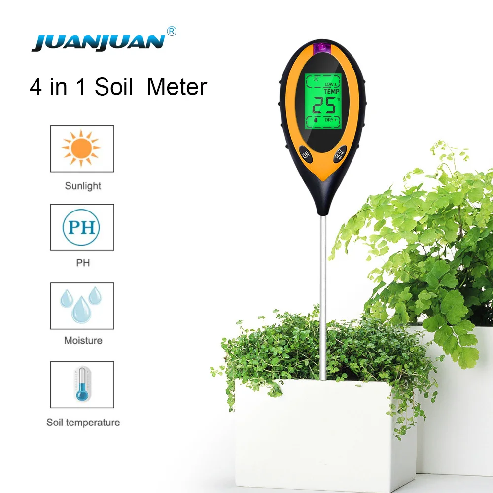 Professional Soil PH Meter 4 In 1 LCD Display Temperature Solar Moisture PH Garden Sunlight Tester Gardening Backlight soil tester ph meter