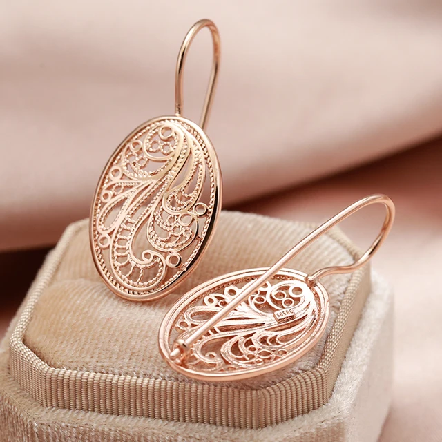 SYOUJYO New Luxury Geometric Vintage Cutout Pattern Women's Earrings 585 Rose Gold Daily Party Fashion Exquisite Jewelry 2