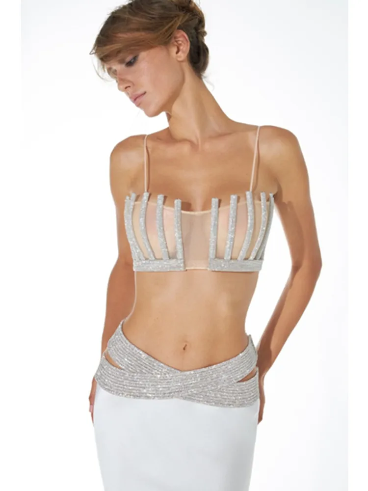 

Роскошный сексуальный комплект из двух предметов, женский популярный топ с бриллиантами и длинная бандажная юбка, летний вечерний клубный костюм знаменитости